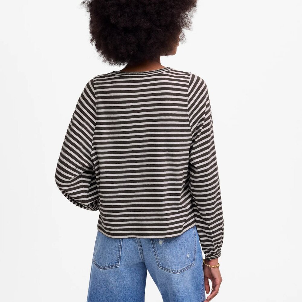 Madewell Long Balloon Sleeve Crewneck Tee Gray Stripes Size M NWT - Picture 2 of 8